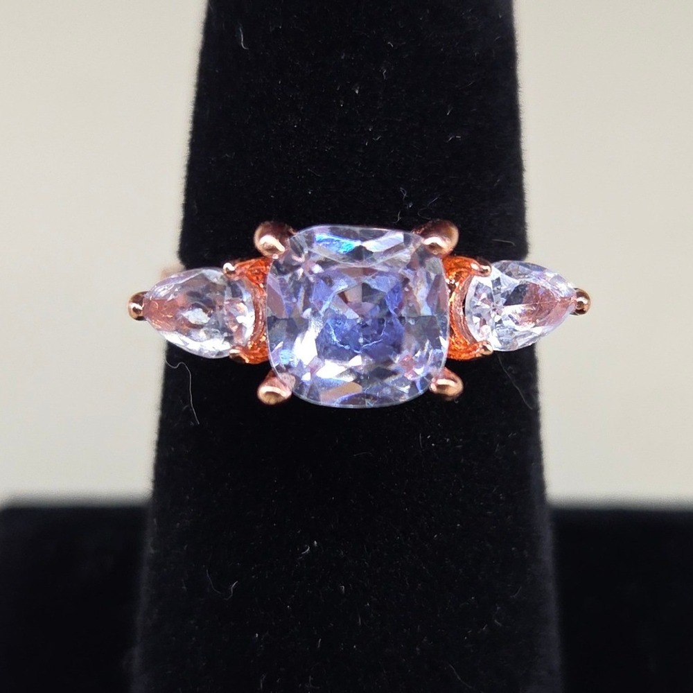 Rose Gold Tone Cushion Cut Lavender‎ Three Stone Ring Size 7.5